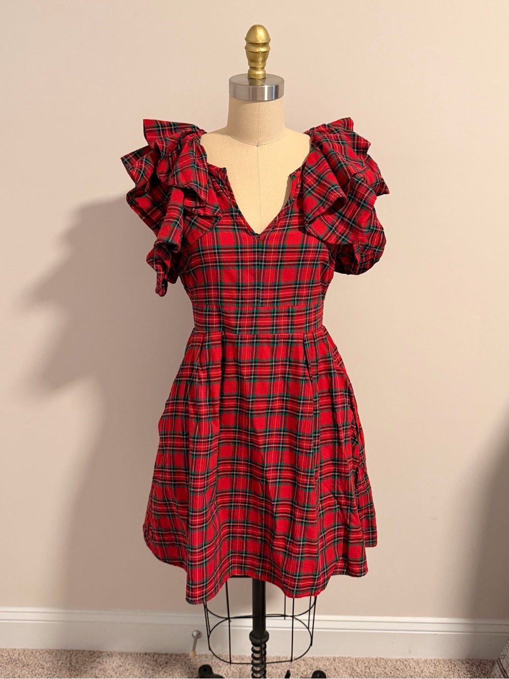 Sugarlips Red Plaid Ruffle-Sleeve Mini Dress